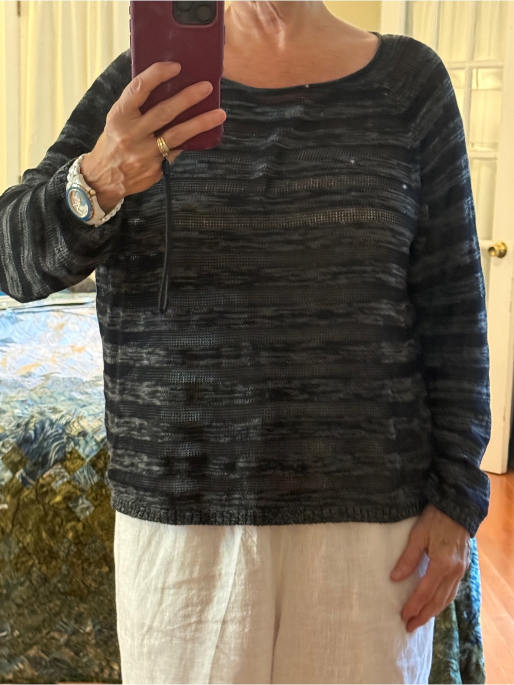 Eileen Fisher Black and Gray Striped Knit Scoop-Neck Sweater